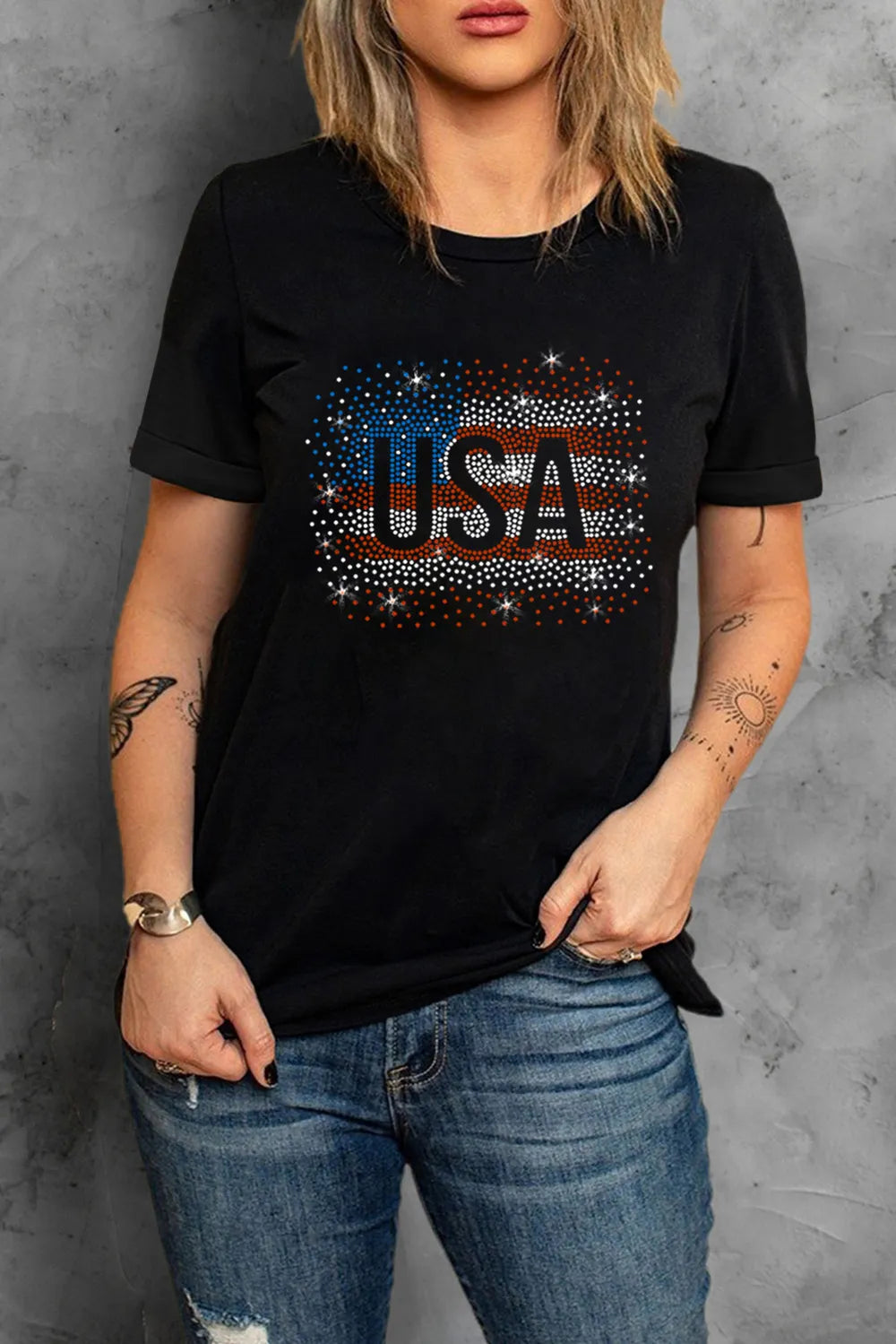 Women's USA Rhinestone Embellished Round Neck Short Sleeve T-Shirt with Opaque Finish