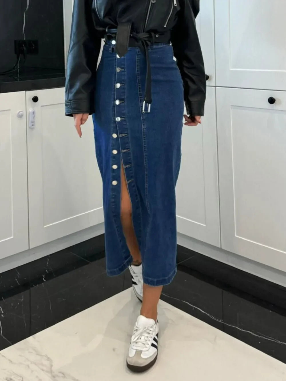 Midi Denim Skirt With Front Button Slit Style - Southern Shores Clothing