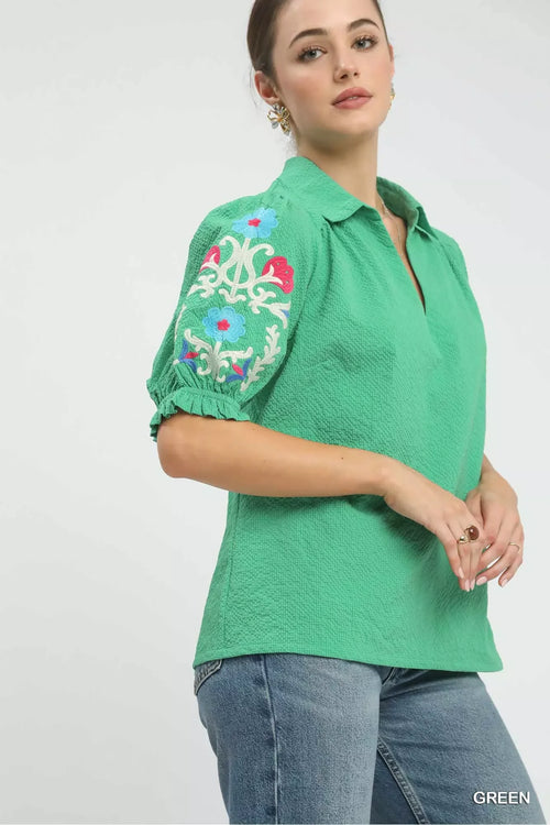 Lightweight Seersucker Blouse With Embroidered Sleeves Open Collar - Southern Shores Clothing