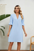 Knee Length Notched Neck Flounce Sleeve Dress - Southern Shores Clothing