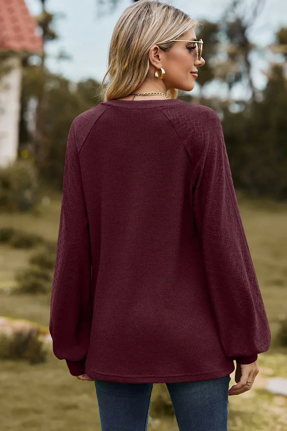 Eyelet Notched Raglan Sleeve T-Shirt - Southern Shores Clothing