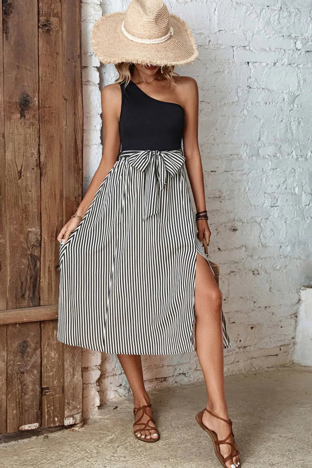 Striped One-Shoulder Slit Midi Dress Casual Daywear - Southern Shores Clothing