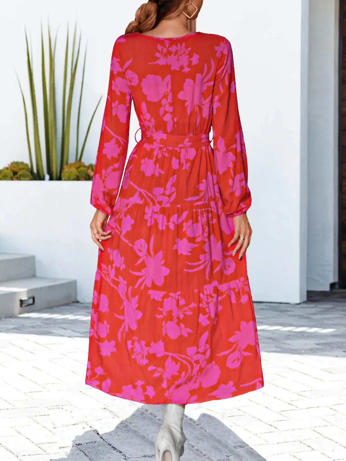 Floral V-Neck Long Sleeve Dress - Southern Shores Clothing