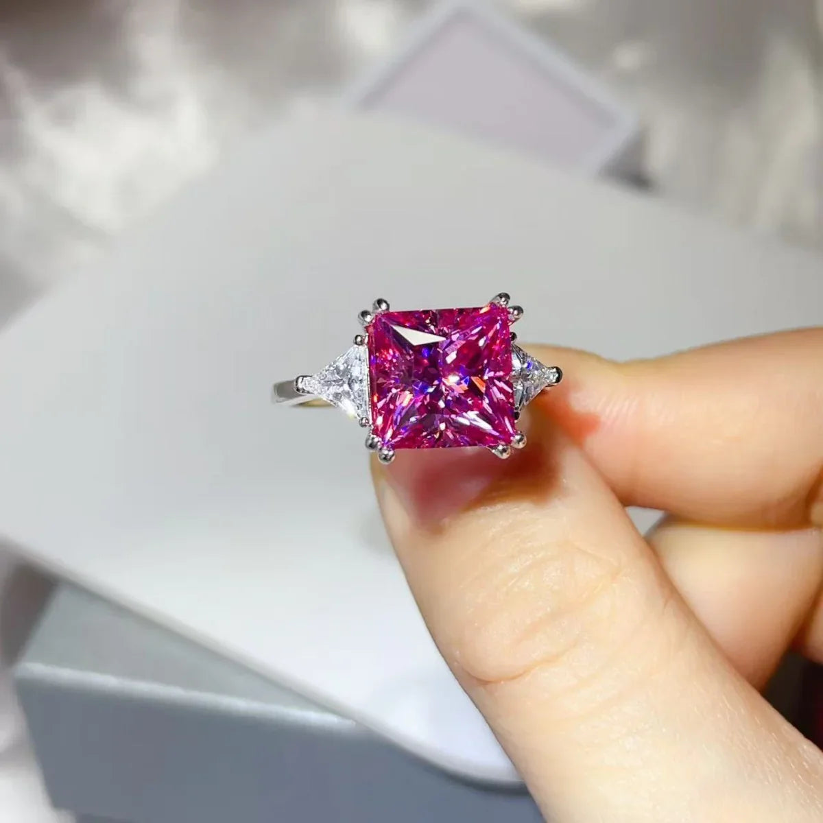Moissanite Sterling Silver Ring With Princess Cut Center Stone - Southern Shores Clothing