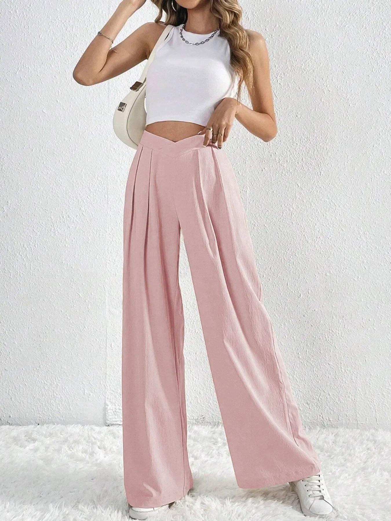 V-Waisted Ruched Front Flowing Wide Leg Pants Casual Wear - Southern Shores Clothing