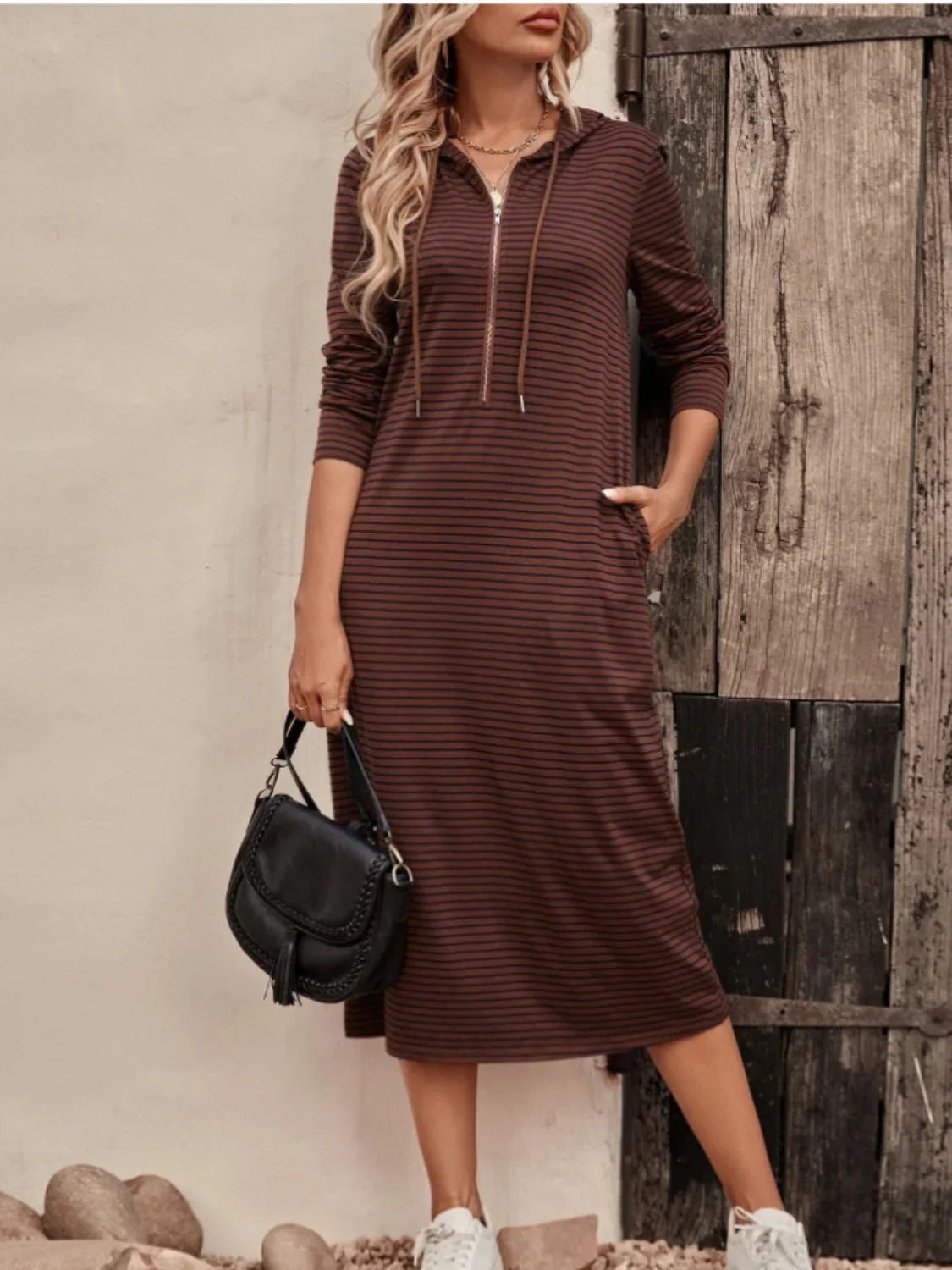 Striped Zip Front Hooded Dress - Southern Shores Clothing