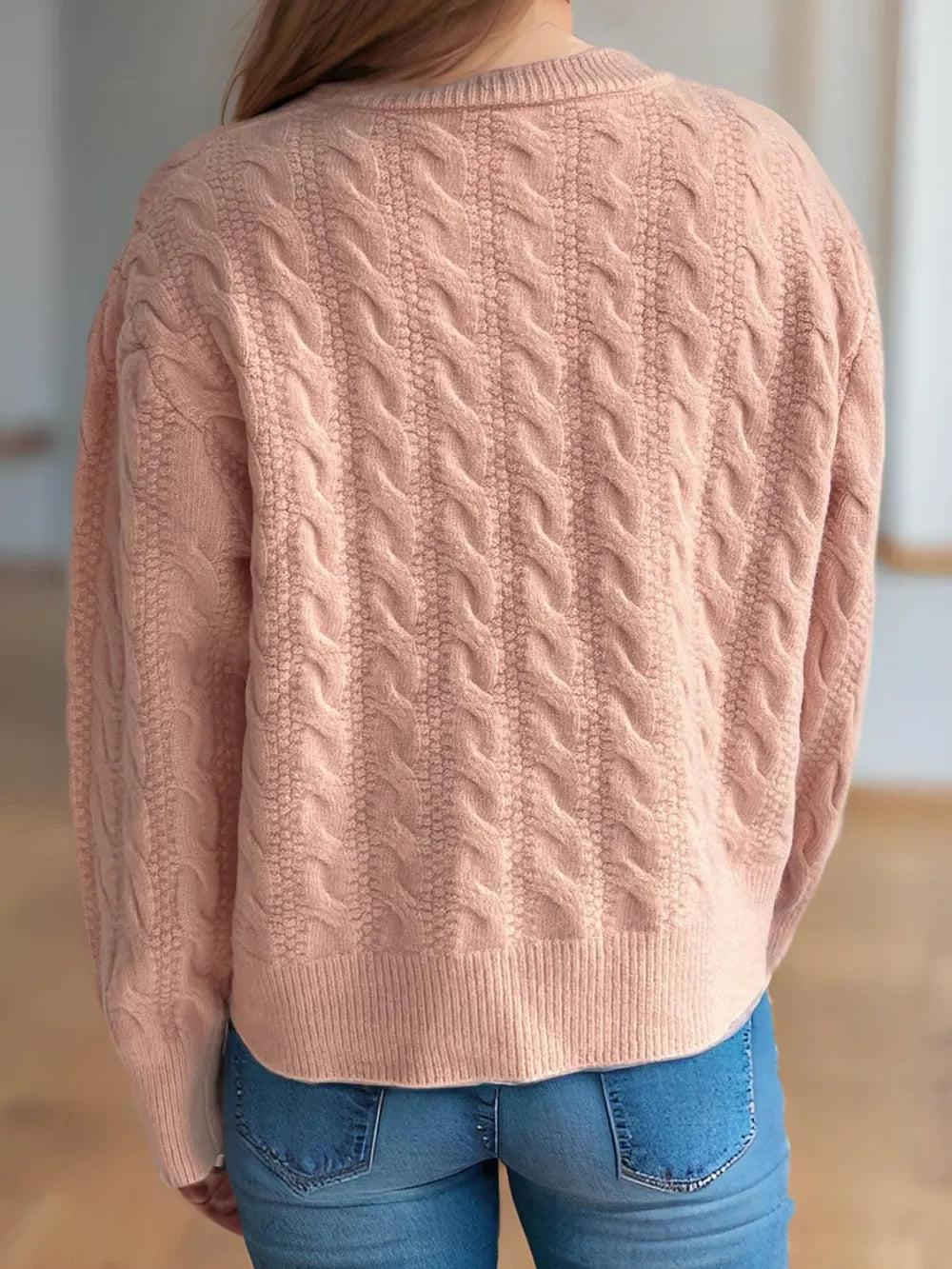 Cable-Knit Round-Neck Long Sleeve Cardigan Buttoned - Southern Shores Clothing