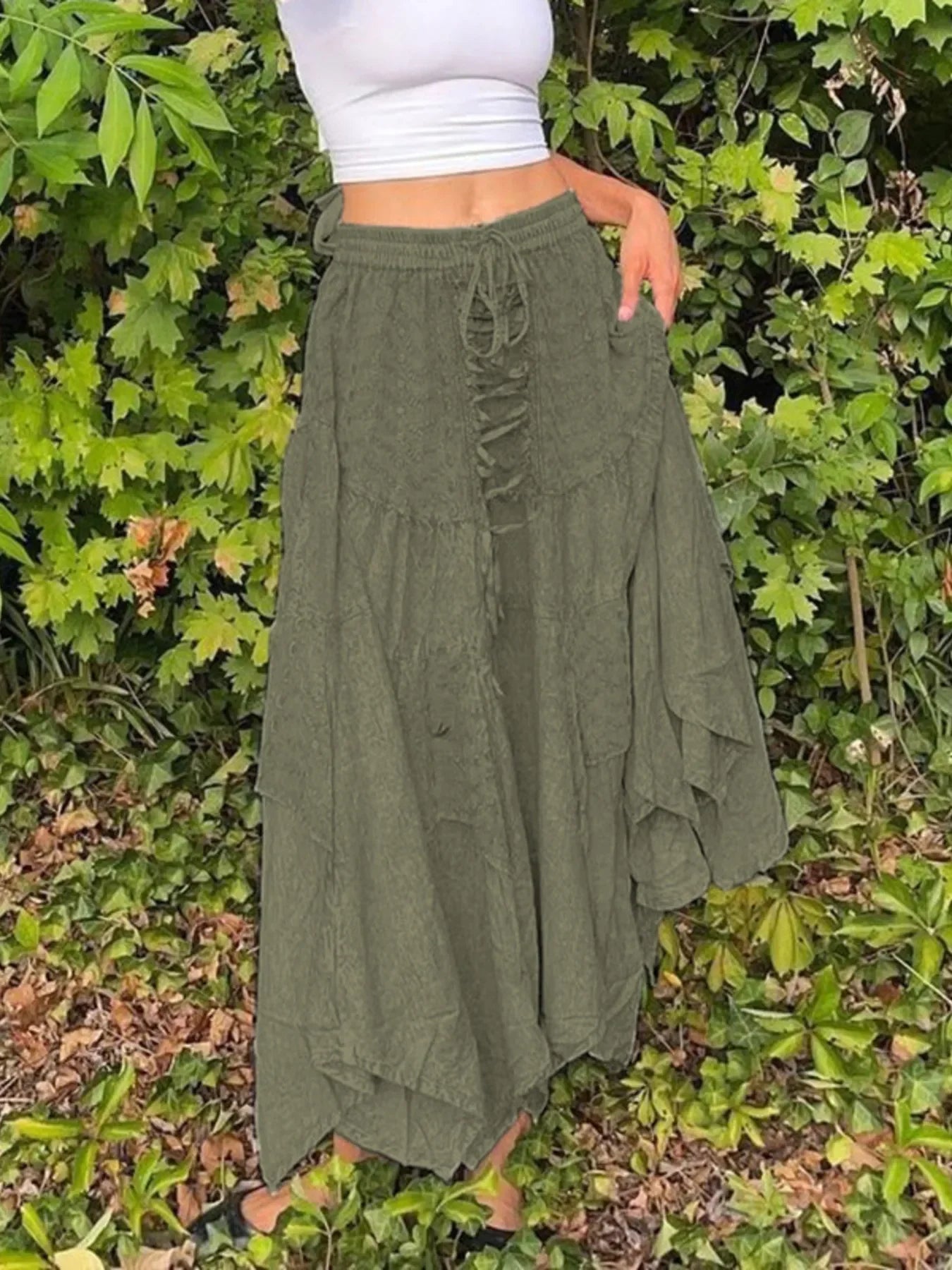 Asymmetrical Hem Midi Skirt With Drawstring Waist - Southern Shores Clothing