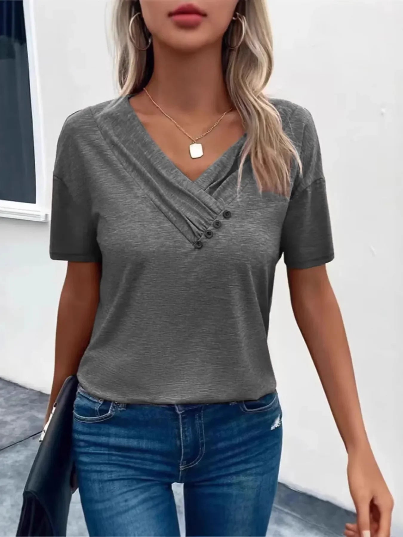 Ruched V-Neck Short Sleeve Basic Style T Shirt - Southern Shores Clothing