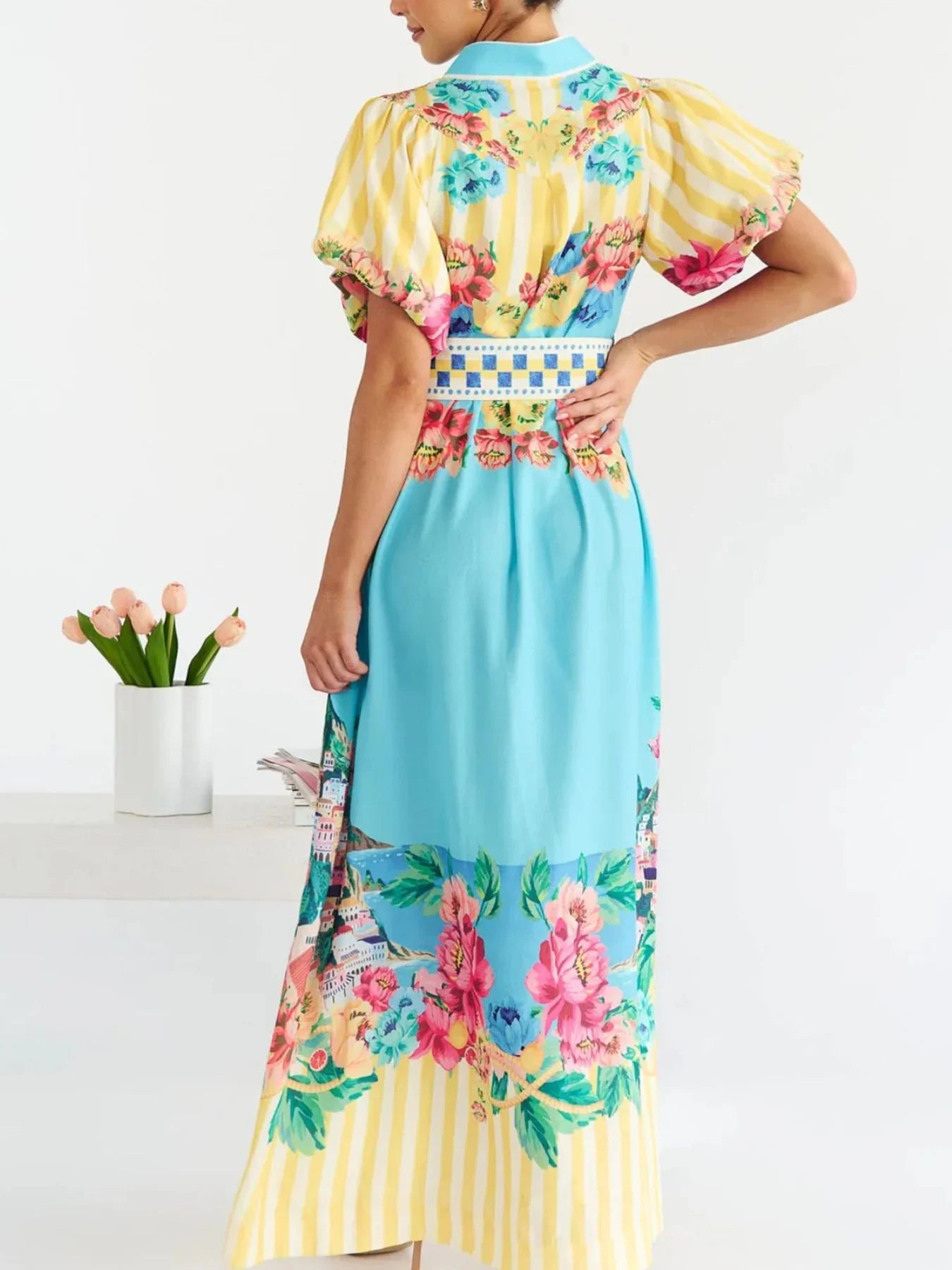 Printed Button Front Puff Sleeve Maxi Dress - Southern Shores Clothing