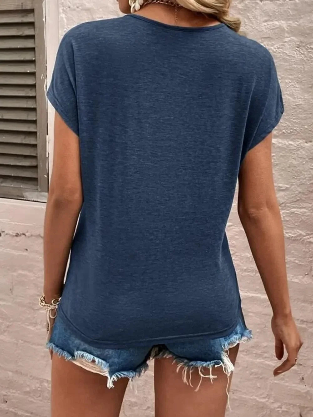 Full Size Lace Detail V-Neck Short Sleeve T-Shirt - Southern Shores Clothing