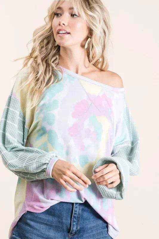 Tie Dye Terry Top With Wide Stripe Thermal Waffle - Southern Shores Clothing