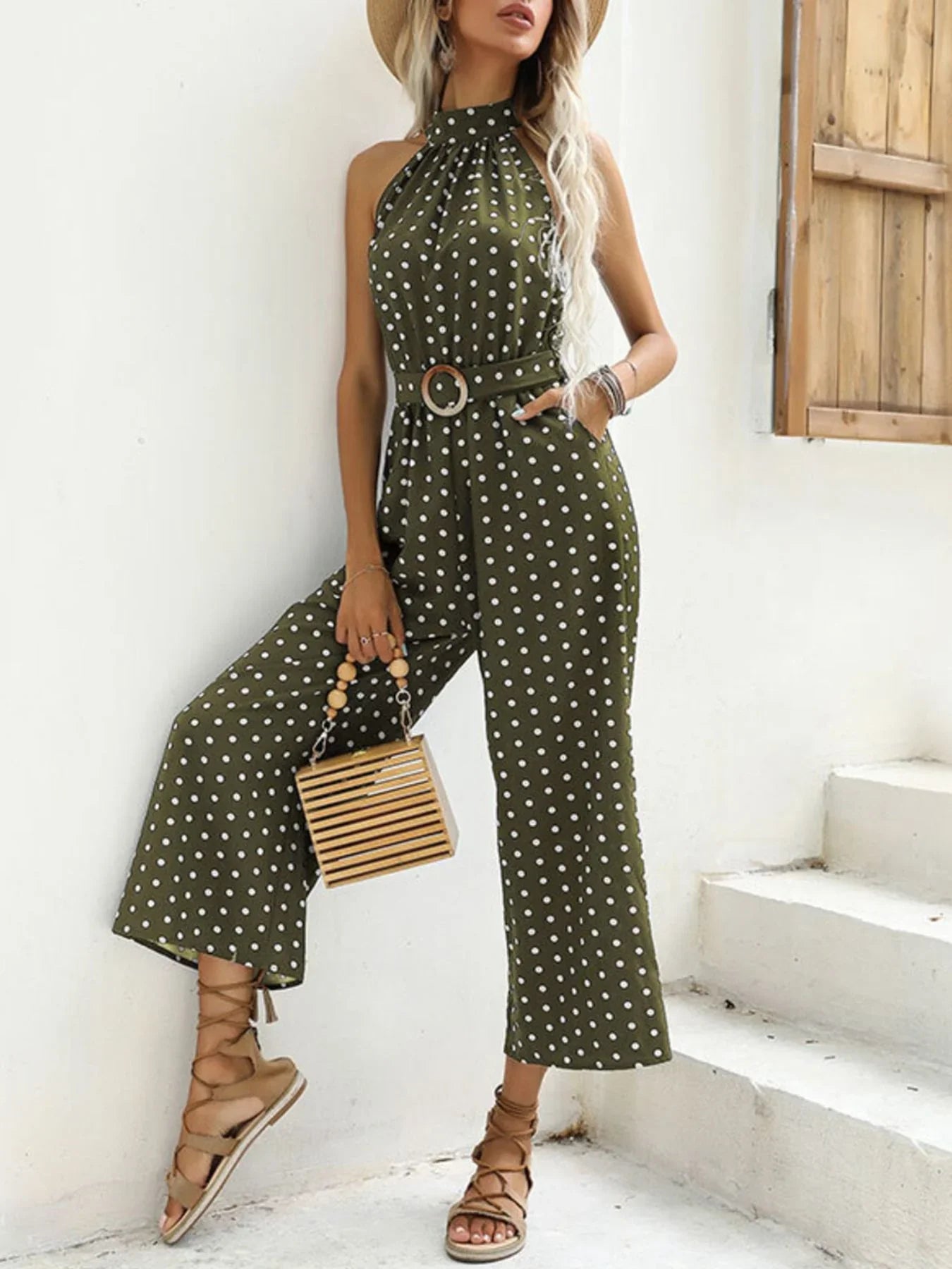 Polka Dot Halter Neck Wide Leg Jumpsuit Style - Southern Shores Clothing