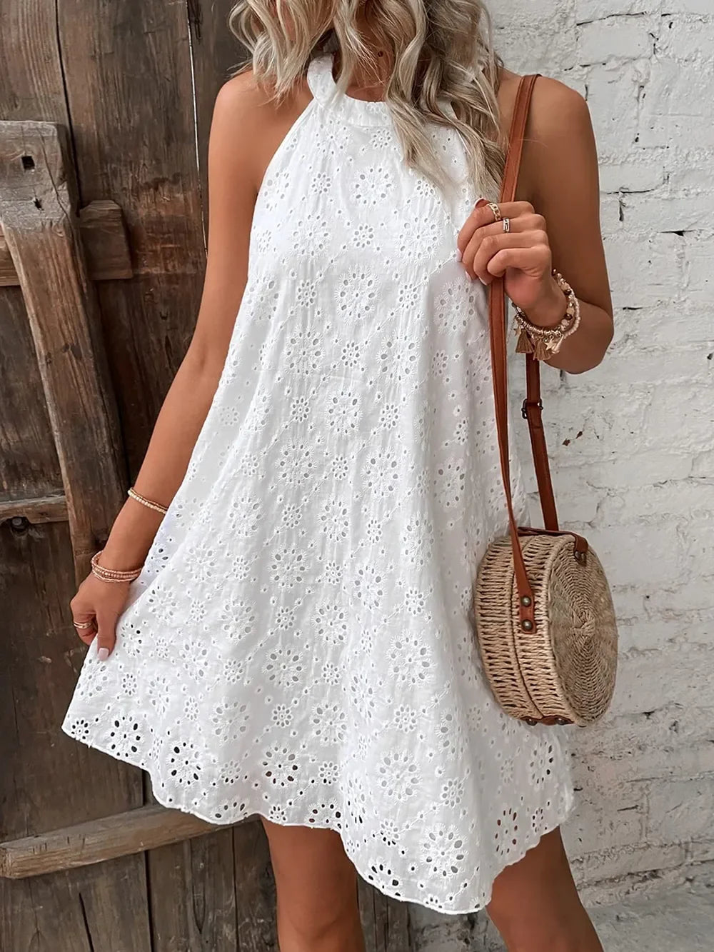 Eyelet Grecian Neck Mini Dress Coastal Style - Southern Shores Clothing