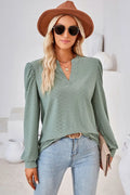 Notched Long Sleeve Top With Slightly Stretchy Fit - Southern Shores Clothing