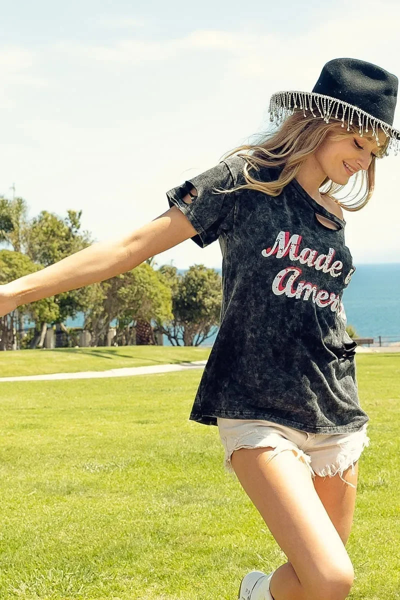 Laser Cut Mineral Washed America Print Cotton T Shirt - Southern Shores Clothing