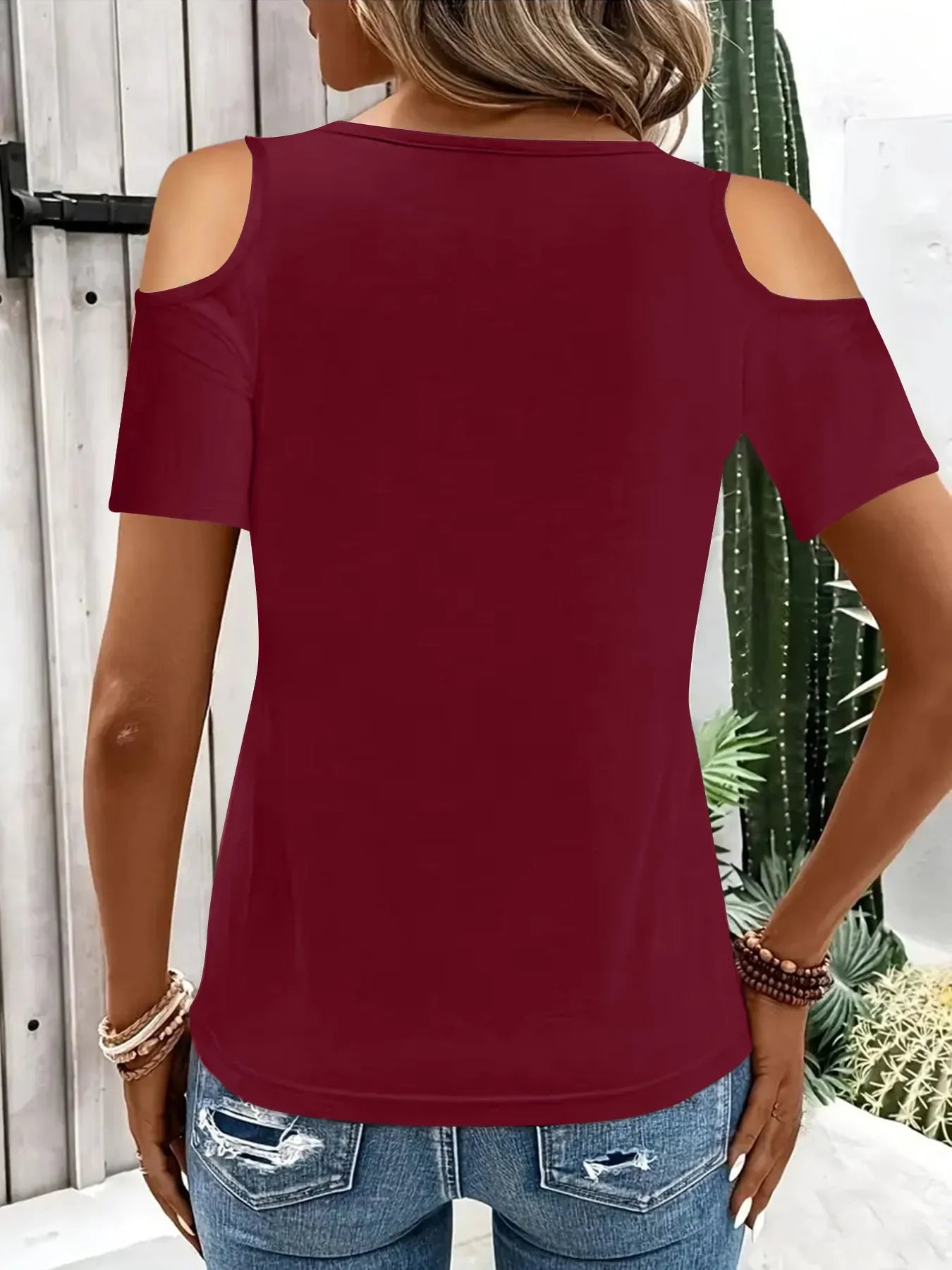 Stretch Cold Shoulder Tee With Metal Ring Detail - Southern Shores Clothing