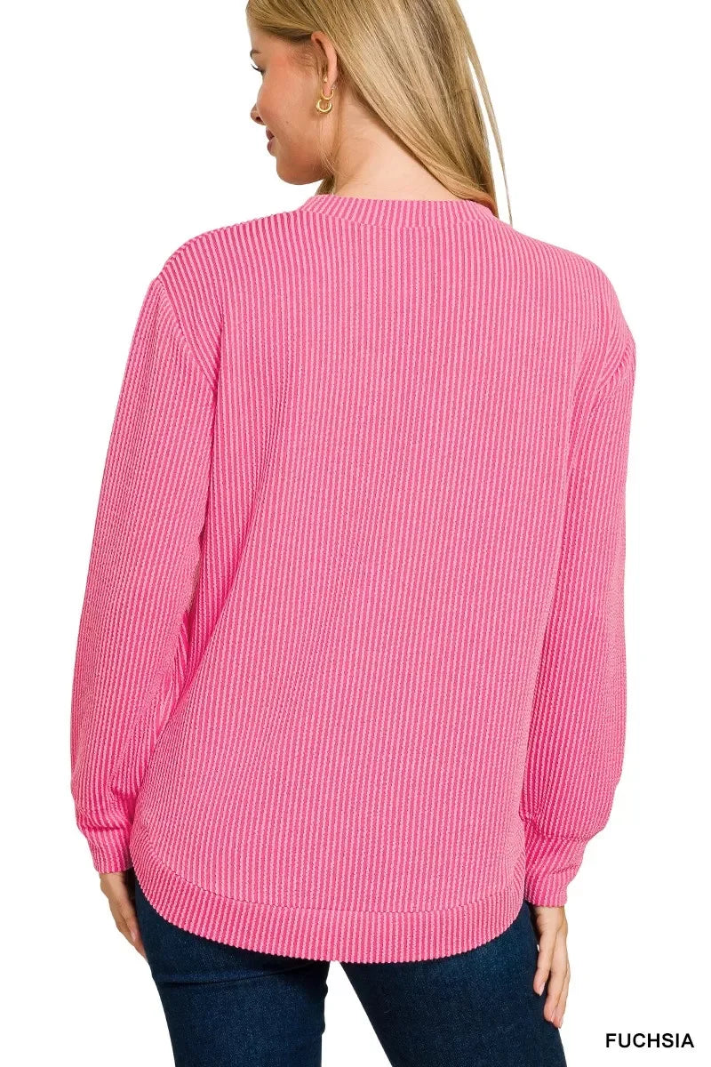 Raised Rib Round Neck Long Sleeve Top Plus Size - Southern Shores Clothing