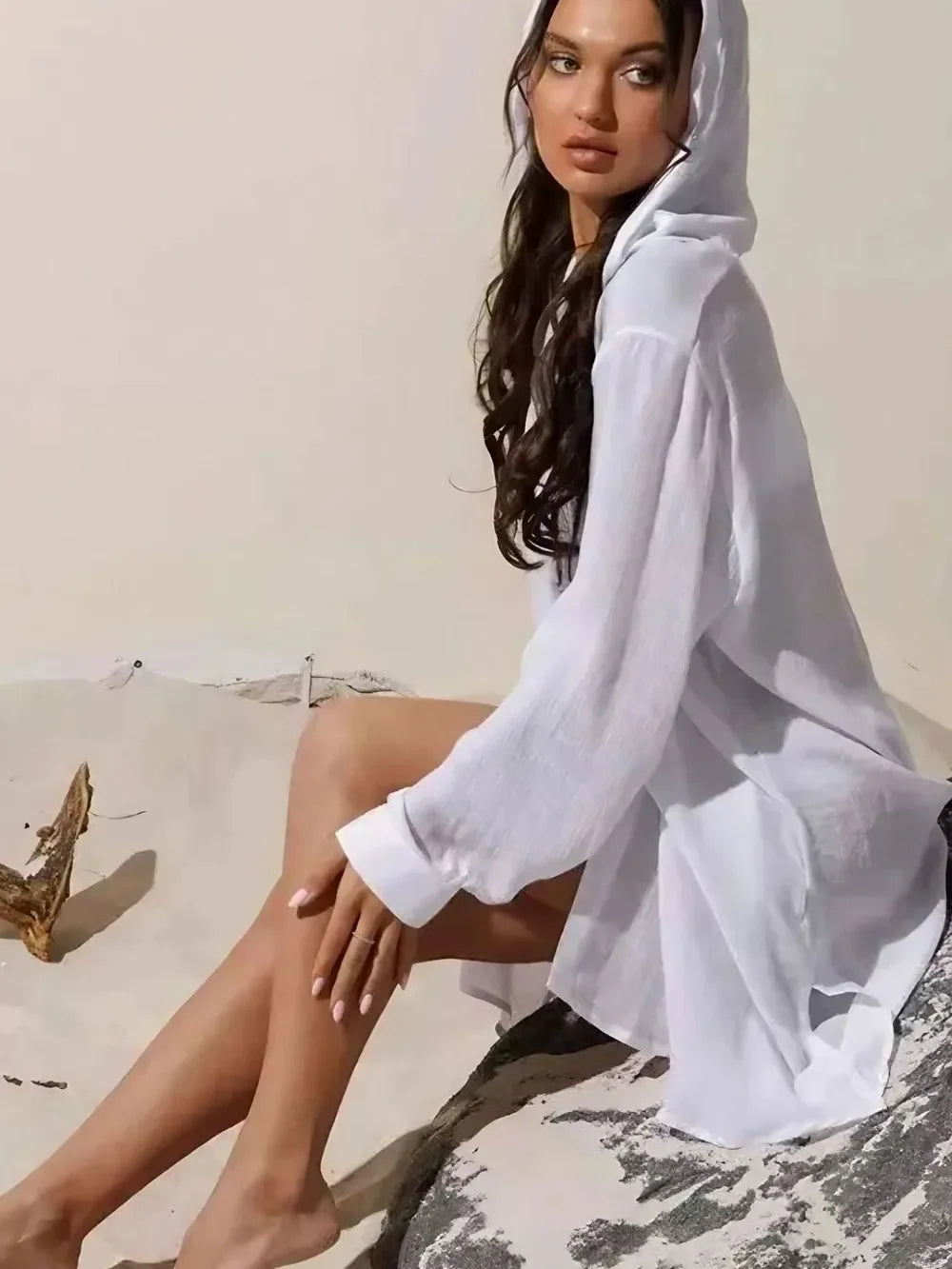 Button Down Hooded Sheer Cover Up One Size - Southern Shores Clothing
