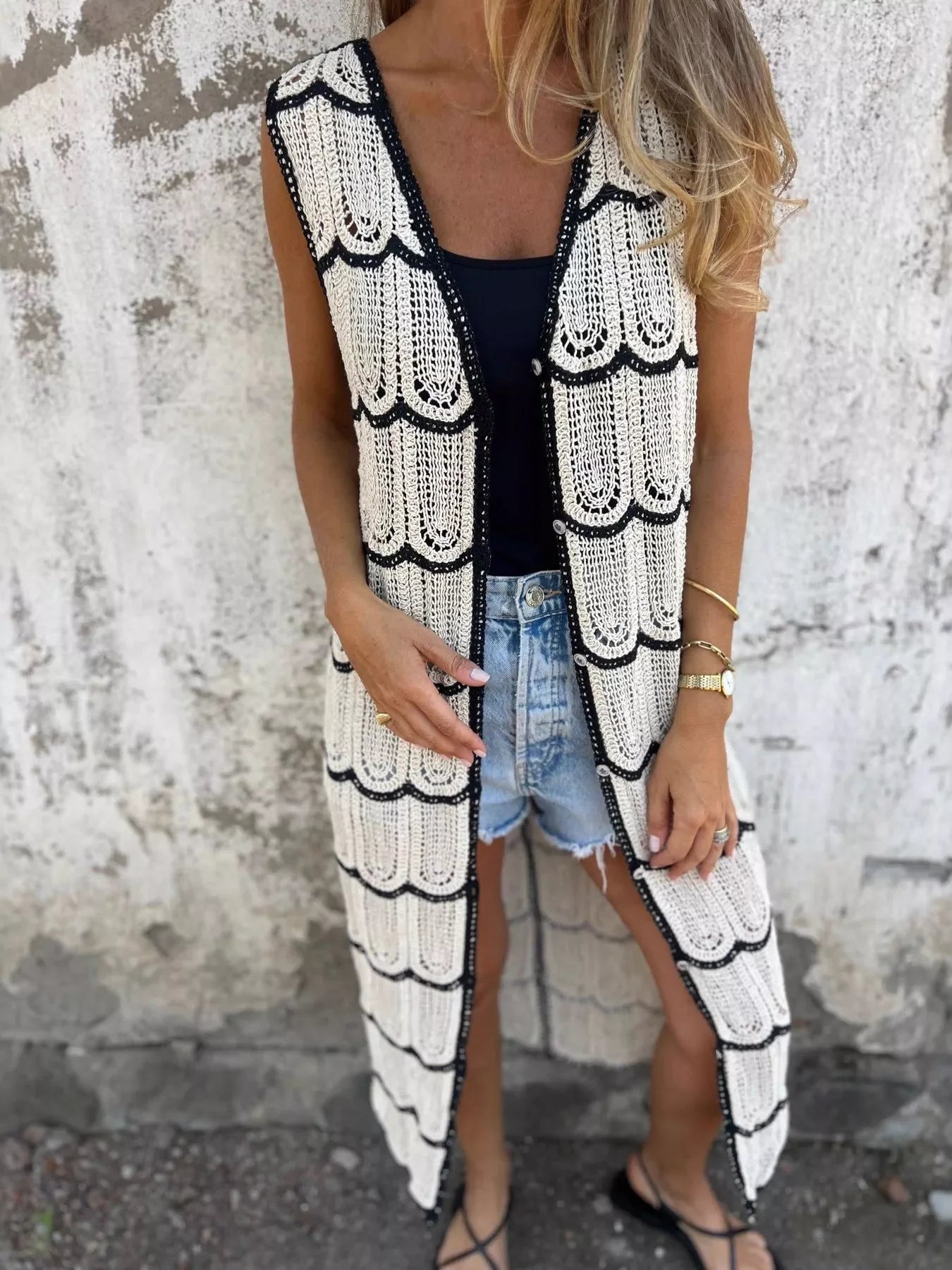 Sleeveless Crochet Longline Cardigan Buttoned With Lace Openwork - Southern Shores Clothing