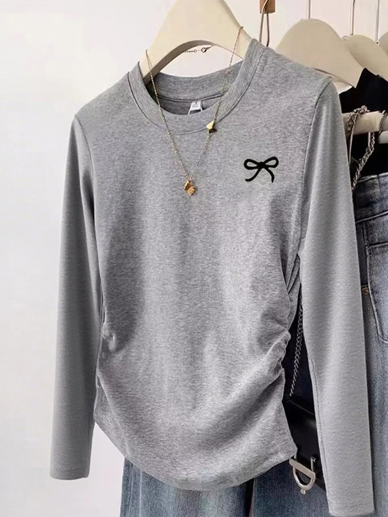 Bow Long Sleeve Ruched Stretch Fabric T Shirt - Southern Shores Clothing