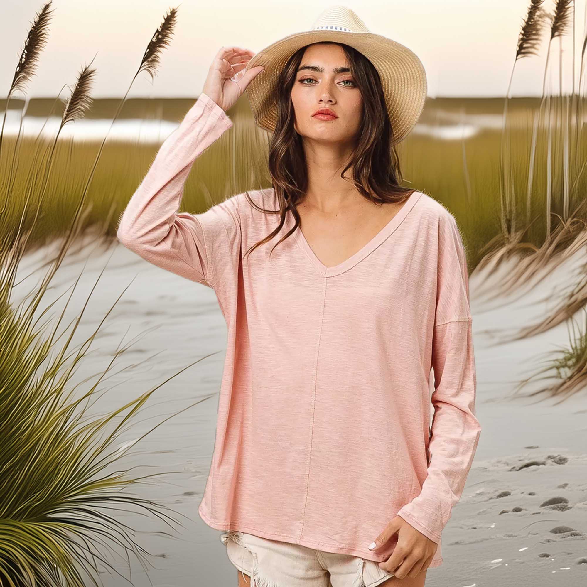 BiBi Women's Exposed Seam V-Neck Long Sleeve T-Shirt Design