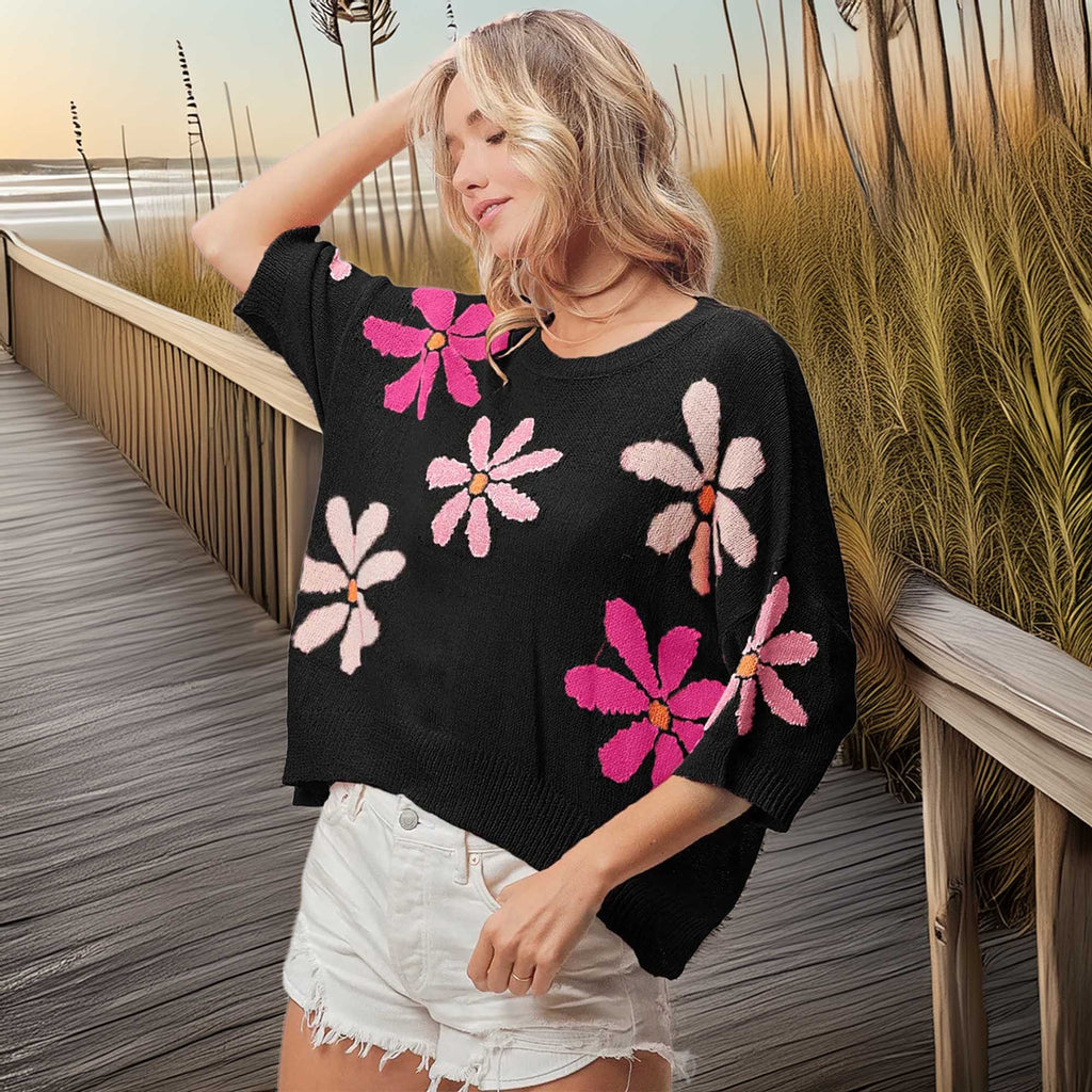 Southern Shores Floral Pattern Cropped Sweater for Women