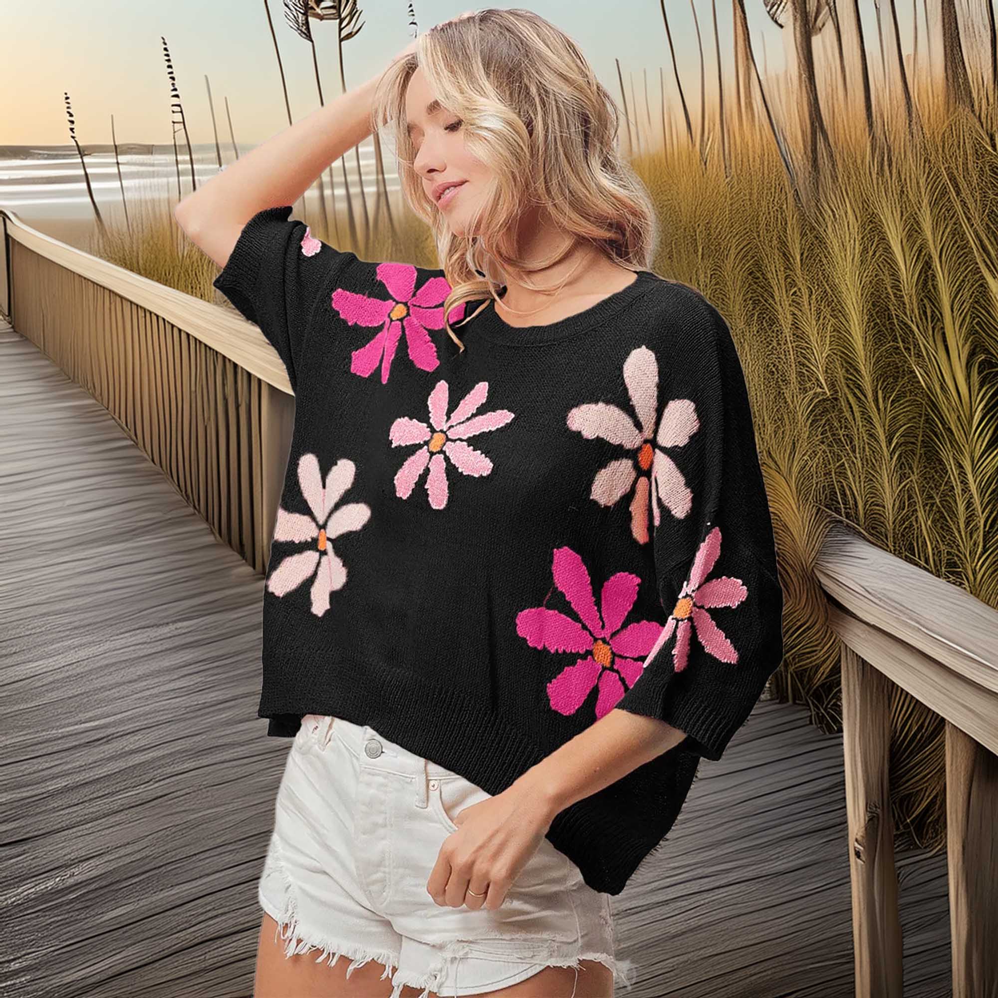 Southern Shores Floral Pattern Cropped Sweater for Women