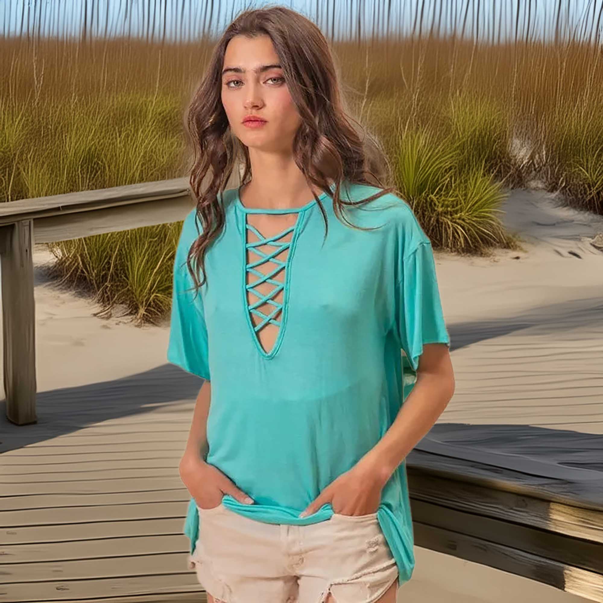 BiBi Women's Jersey Knit T-Shirt with Criss Cross Neck Detail