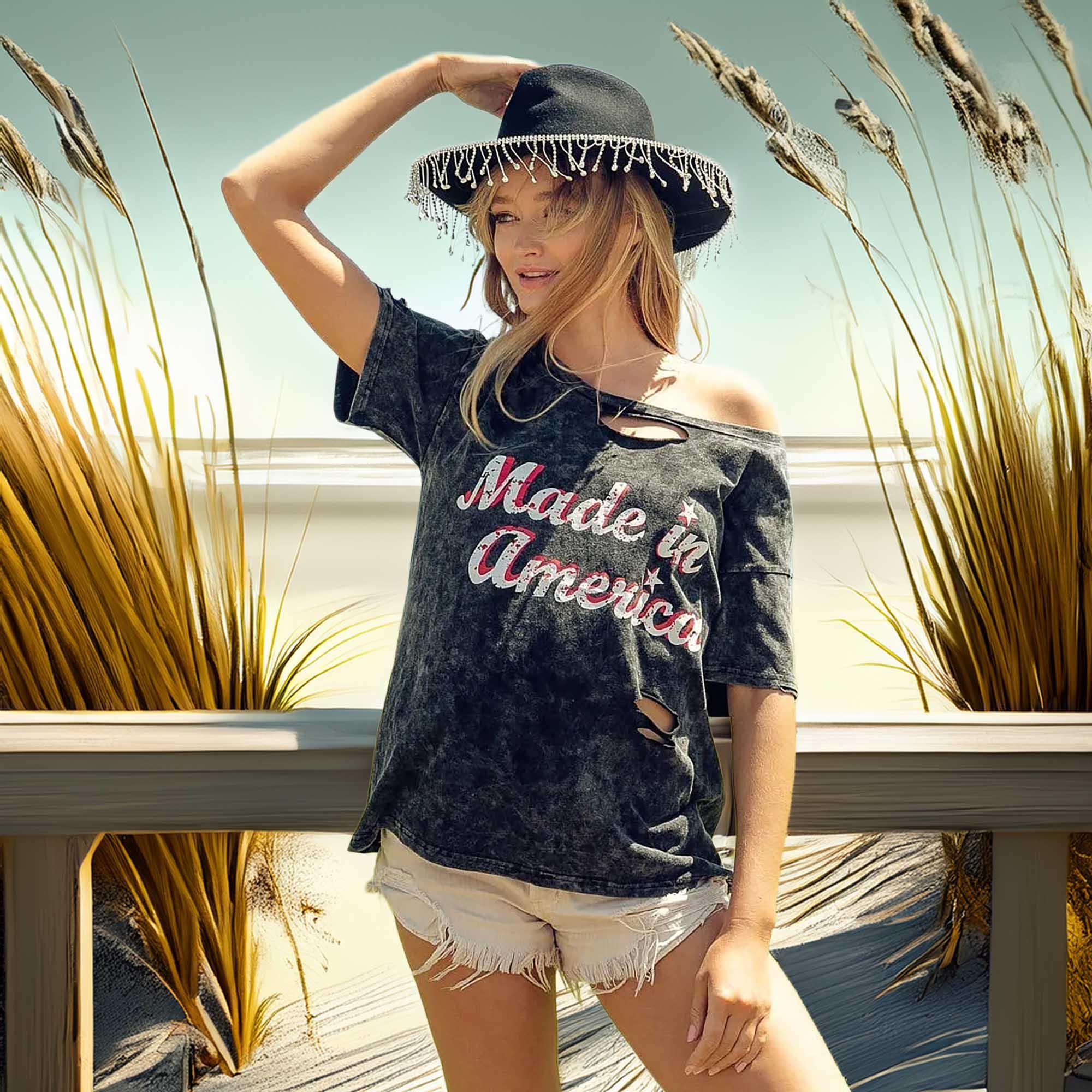 Laser Cut Mineral Washed America Print Cotton T Shirt - Southern Shores Clothing