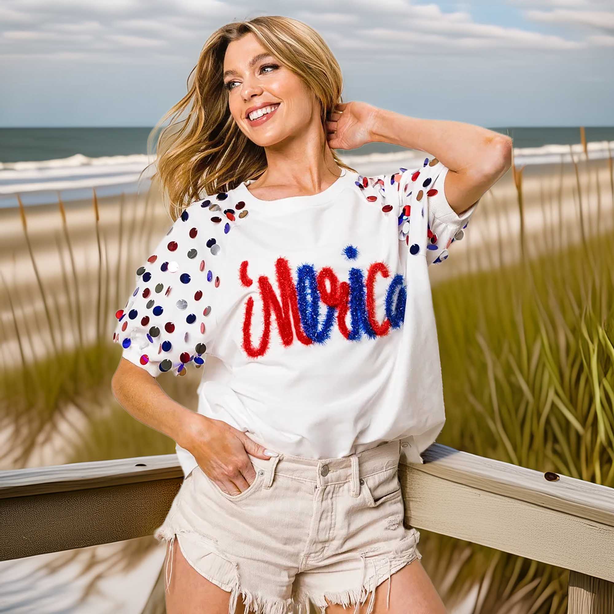 BiBi Metallic Letter Spangle Raglan Puff Sleeve Women's Top