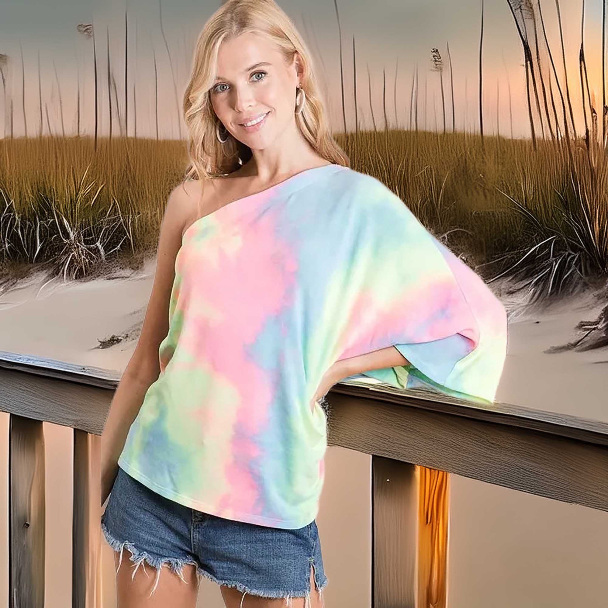 BiBi Tie Dye One Shoulder Dolman Sleeve Women's Top