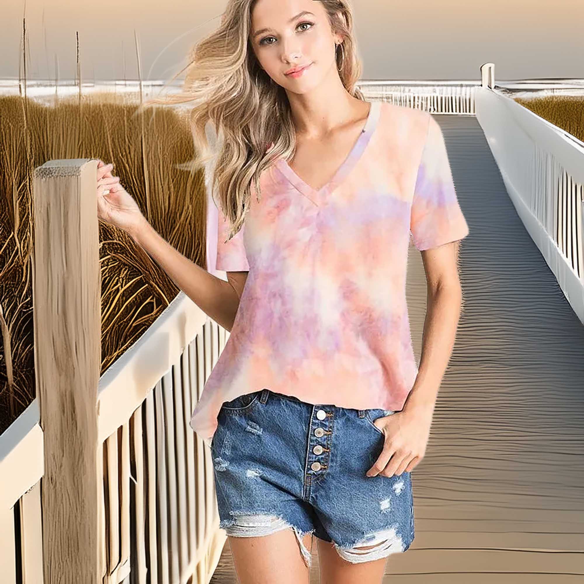BiBi Women's Tie Dye V Neck T-Shirt for Casual Wear