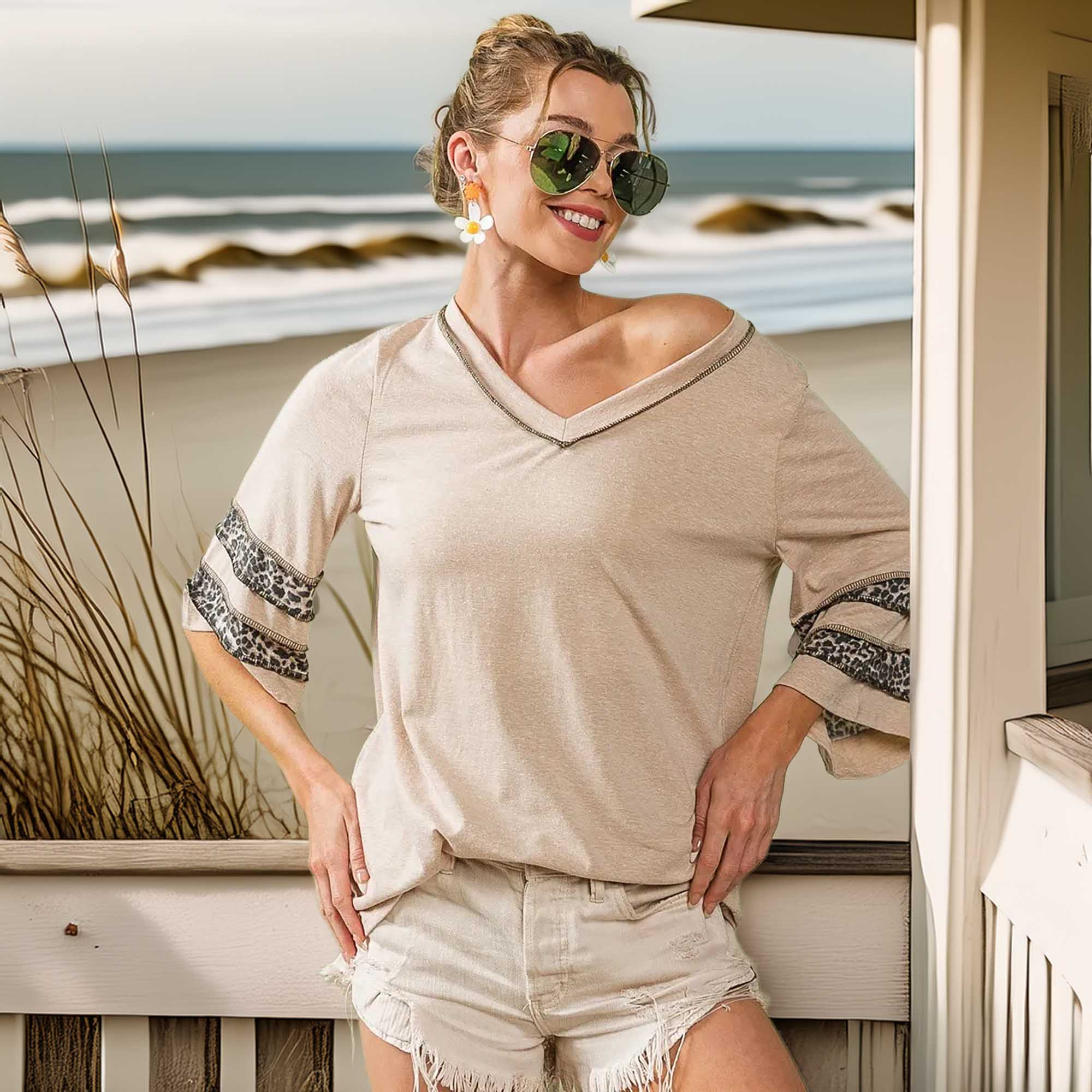 Women's BiBi Triblend Knit Top with Leopard Band Detail for Women