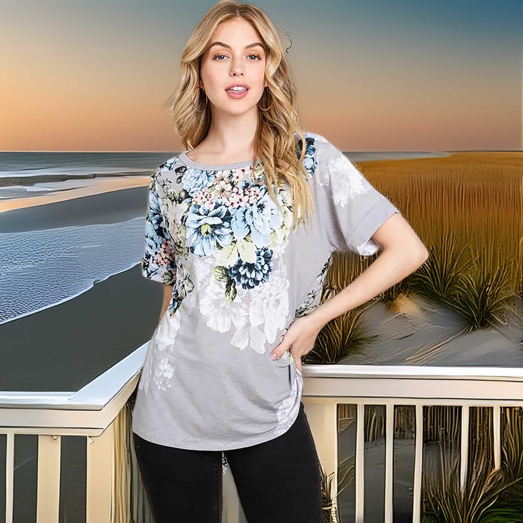 BOMBOM Floral Round Neck Short Sleeve Women's T-Shirt