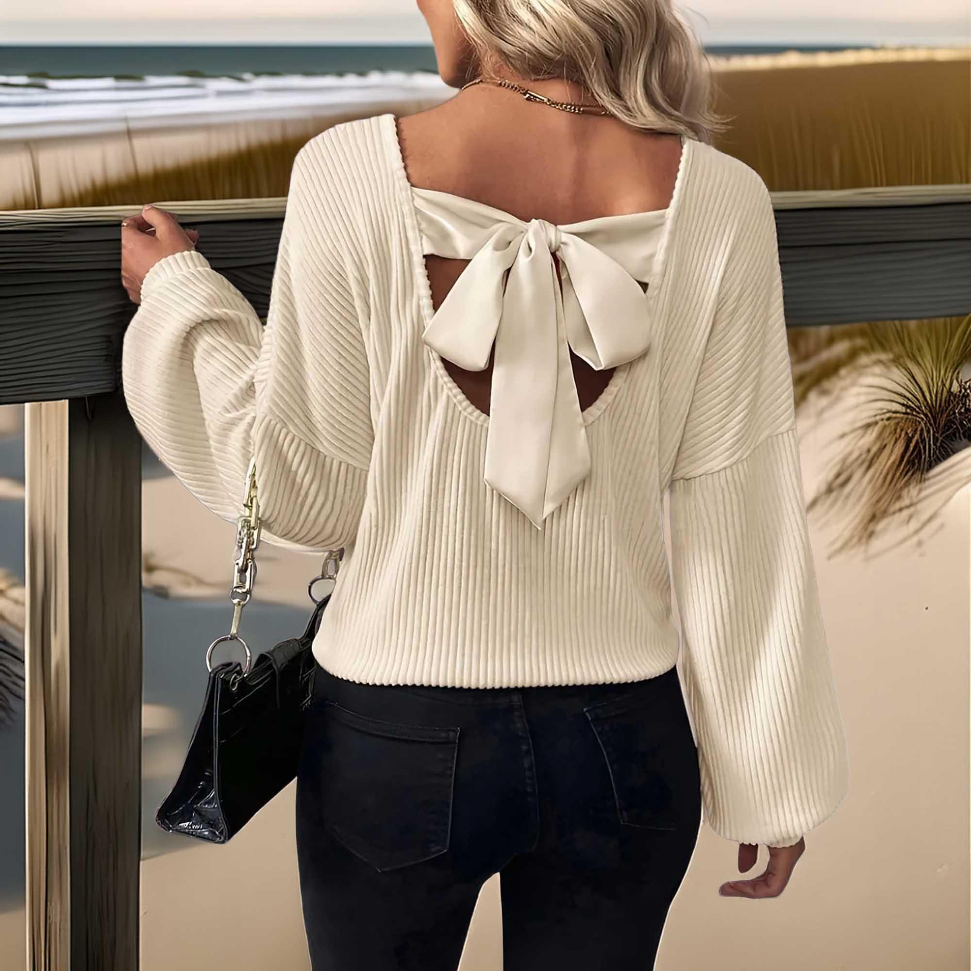 V Neck Bow Back T Shirt With Drop Shoulder Relaxed Fit - Southern Shores Clothing