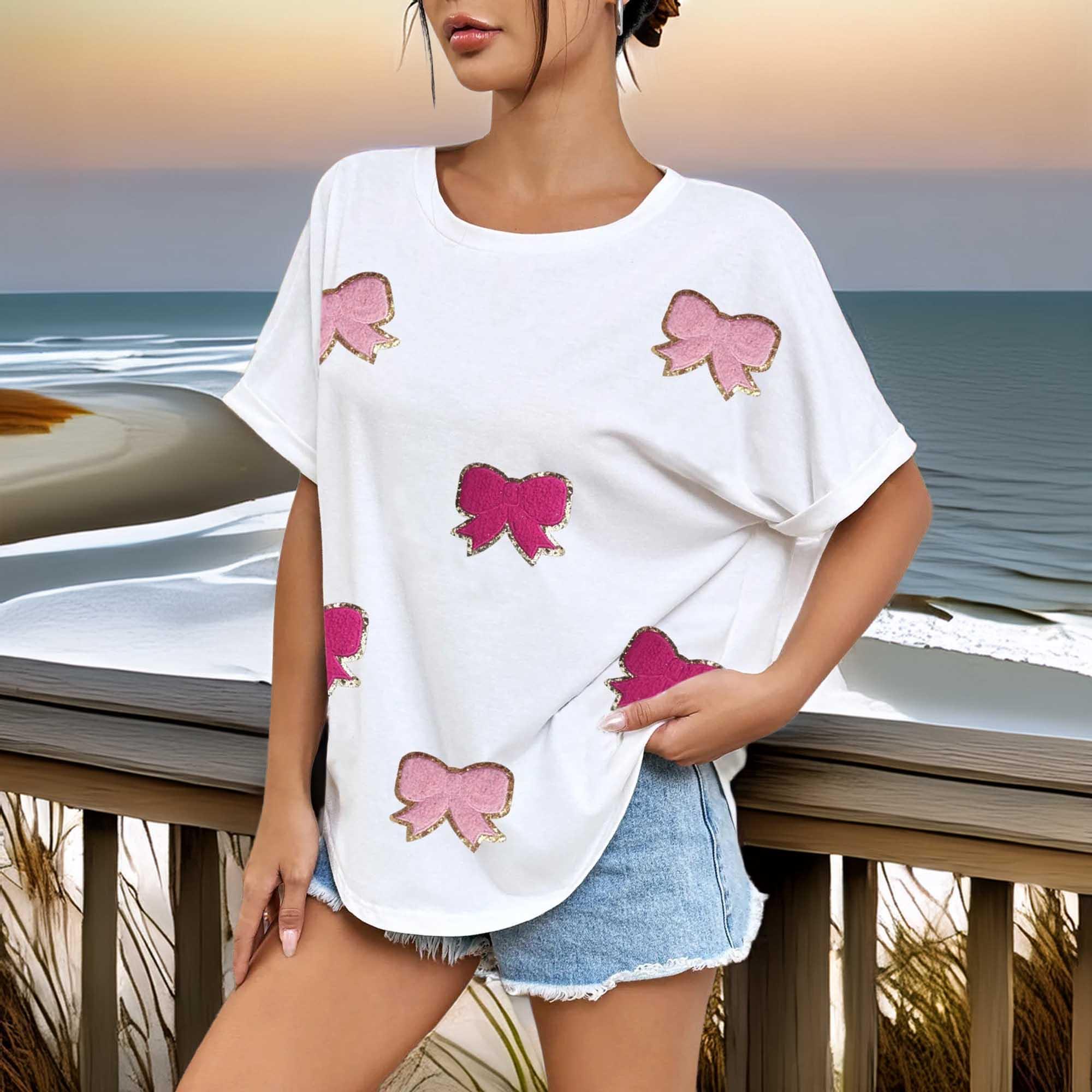 Oversized Bow Round Neck T Shirt With Applique - Southern Shores Clothing