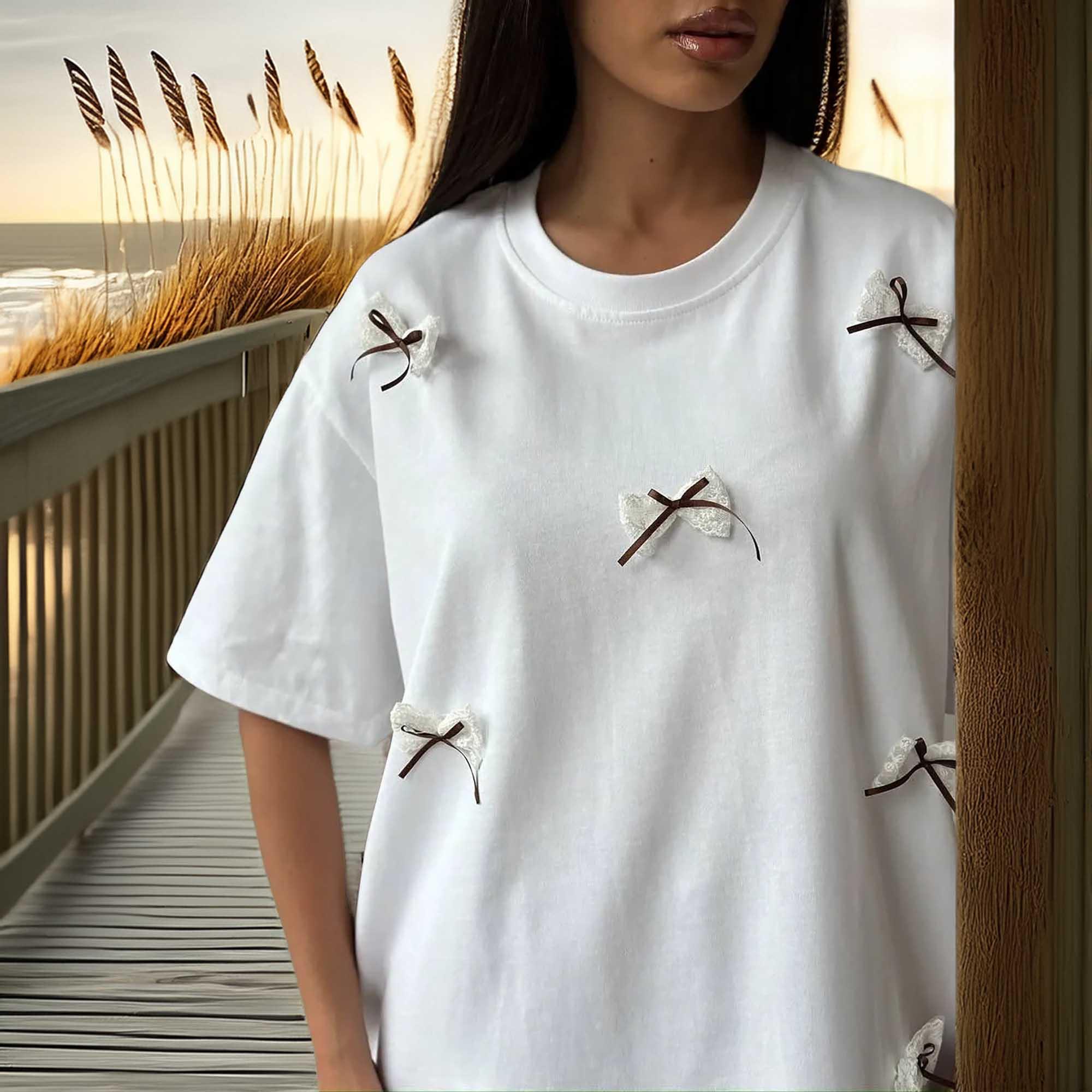 Bow Round Neck Oversized T Shirt With Lace Polyester - Southern Shores Clothing