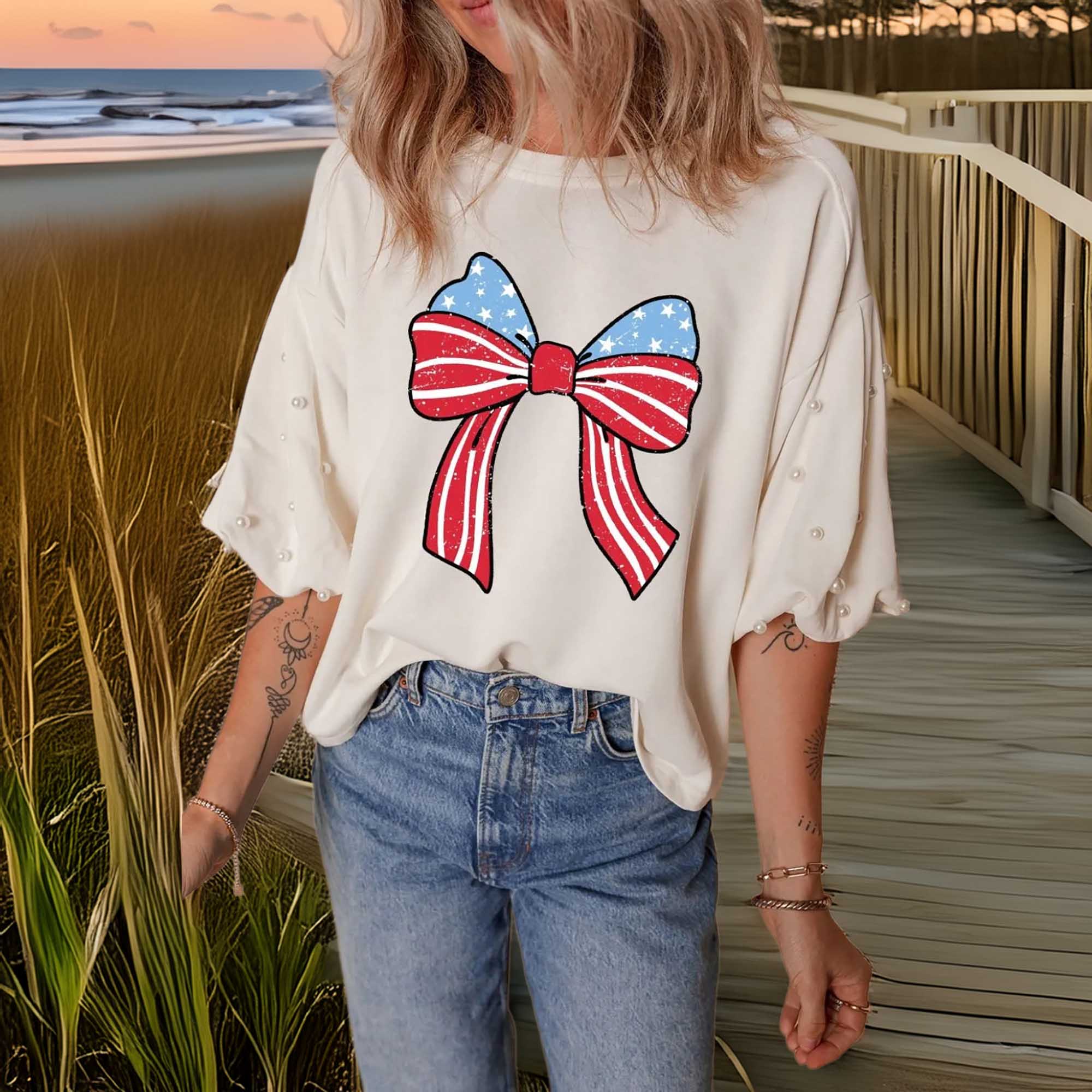 Women's Bowknot Graphic Pearl Puff Half Sleeve T-Shirt by SYNZ