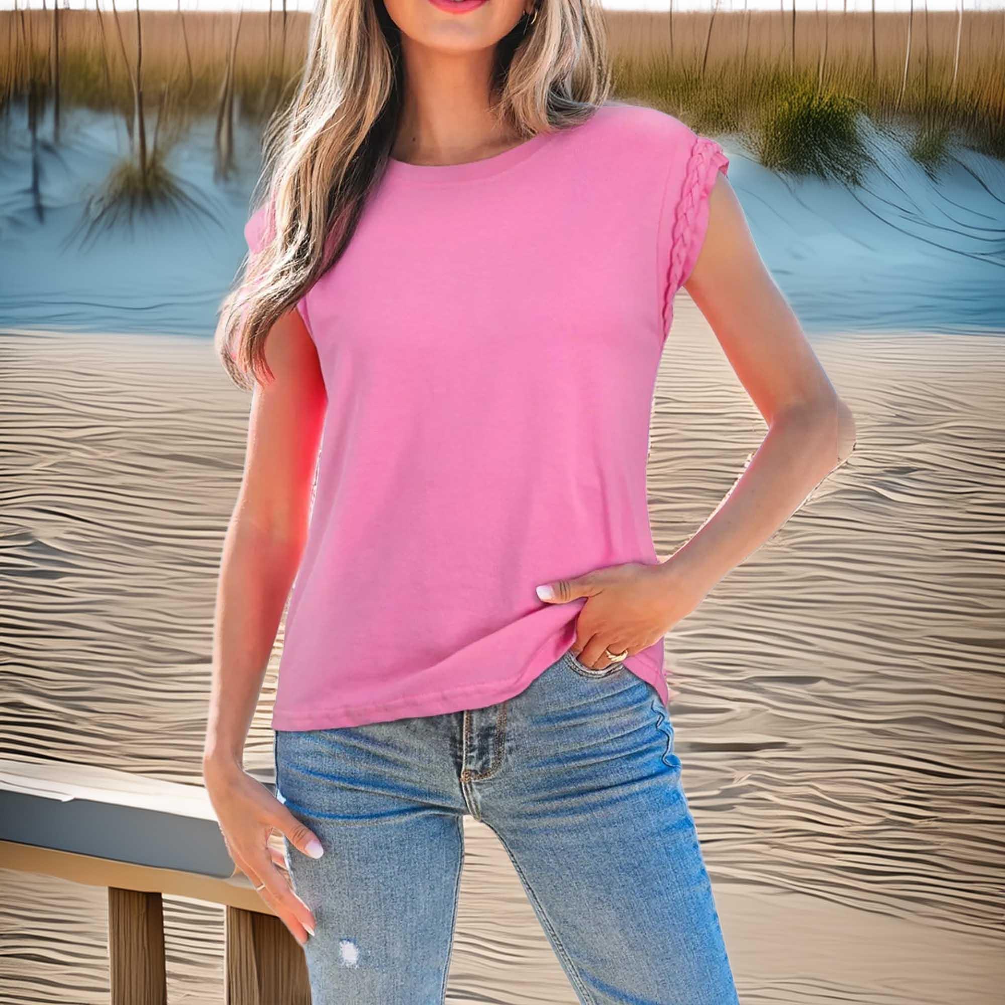 Slightly Stretchy Braided Cap Sleeve Crew Neck T Shirt - Southern Shores Clothing