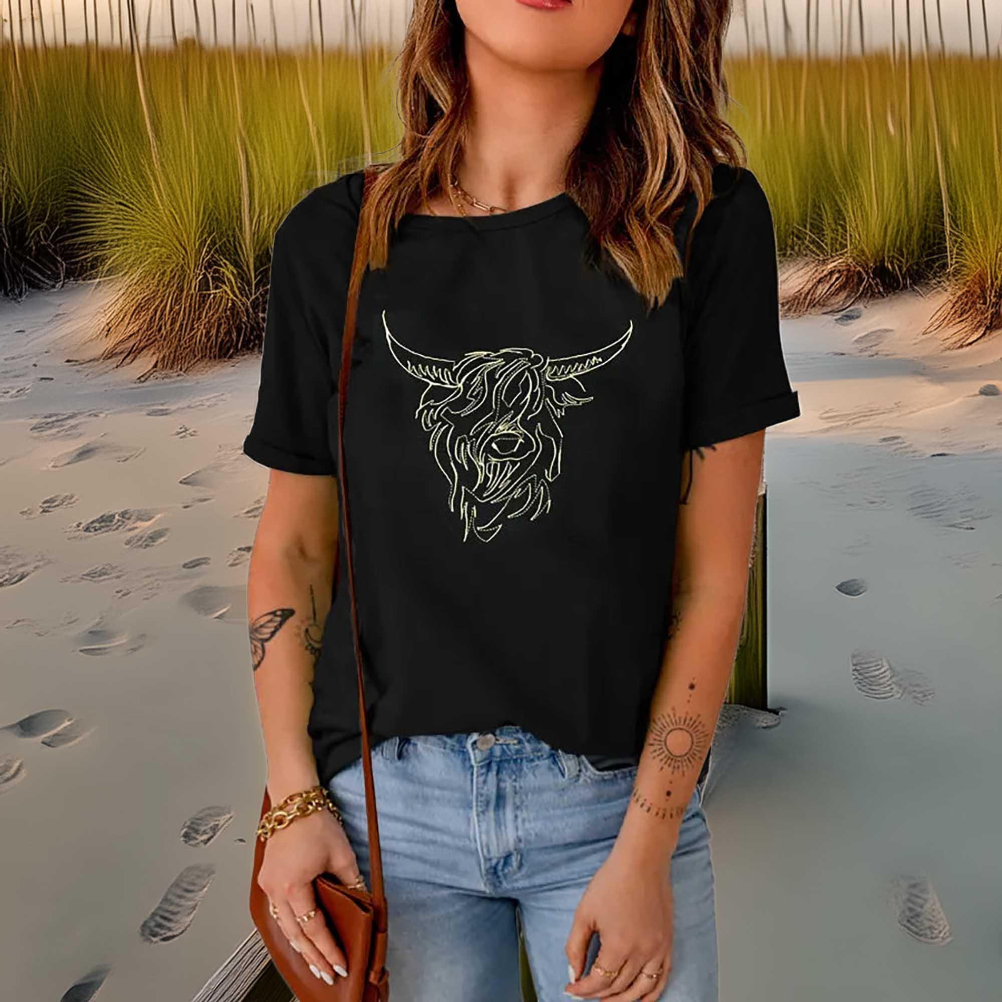 Bull Head Embroidered Round Neck Tee With Stretch - Southern Shores Clothing