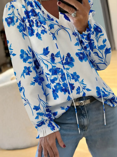 Floral Long Sleeve Tie Neck Blouse For Everyday Wear - Southern Shores Clothing