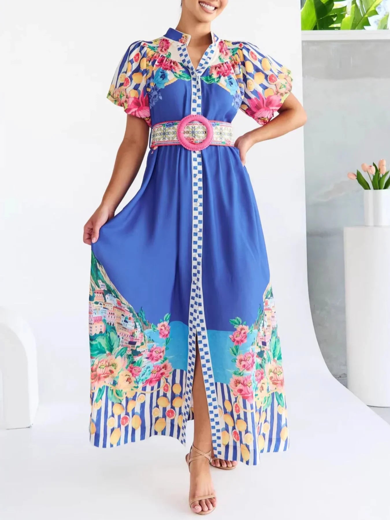 Printed Button Front Puff Sleeve Maxi Dress - Southern Shores Clothing