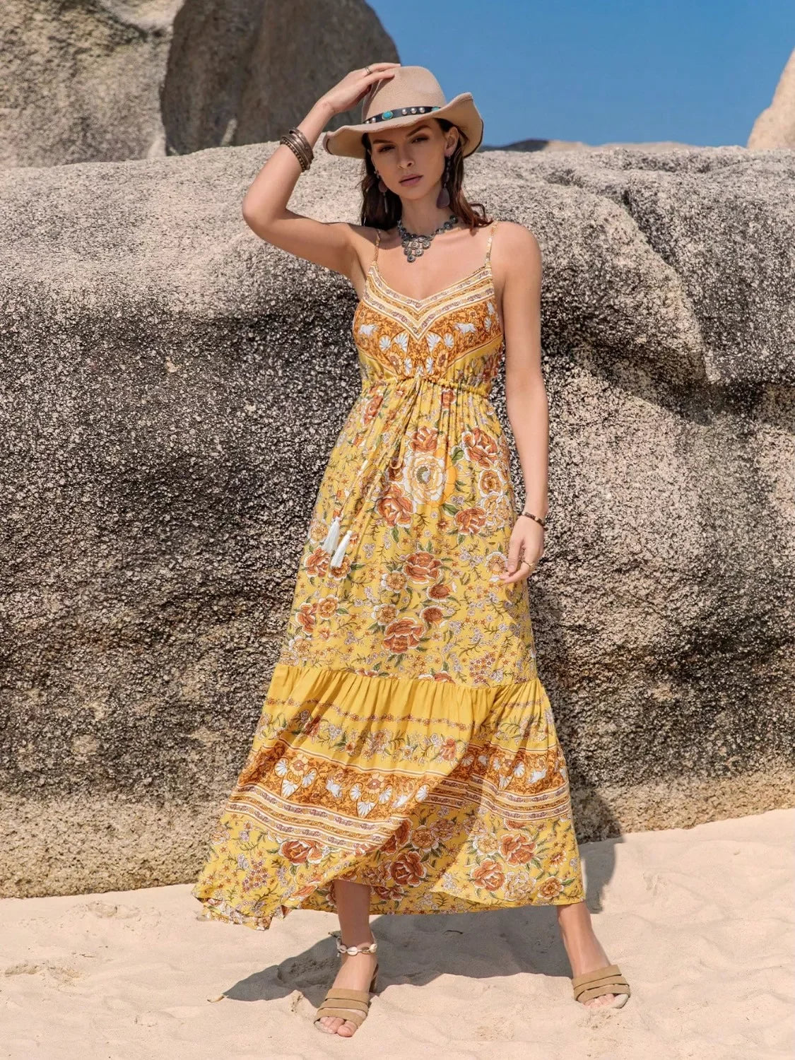 Tassel Printed Tiered Cami Dress Floral Print Boho Style - Southern Shores Clothing