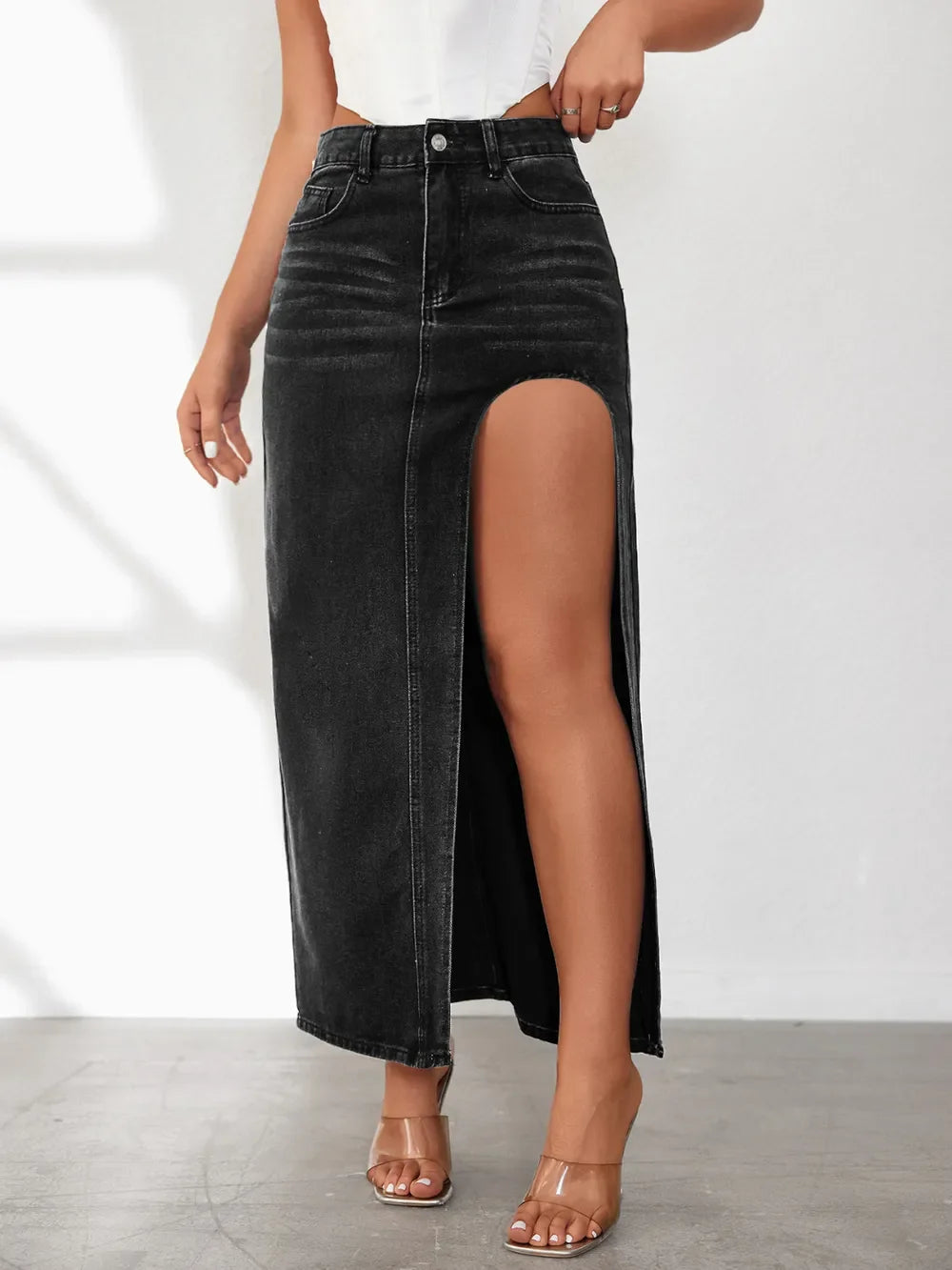 Classic High Rise Slit Denim Skirt With Flattering Fit - Southern Shores Clothing