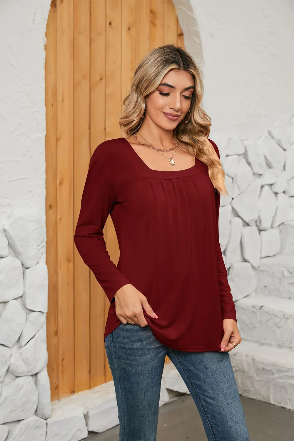 Square Neck Stretch Long Sleeve T Shirt Everyday - Southern Shores Clothing