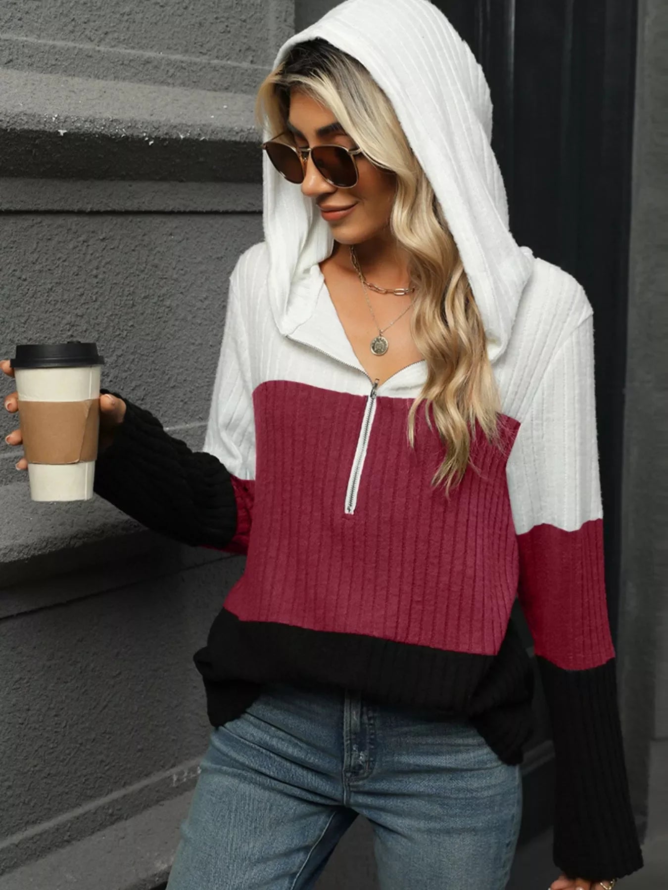 Color Block Half Zip Hooded Top - Southern Shores Clothing