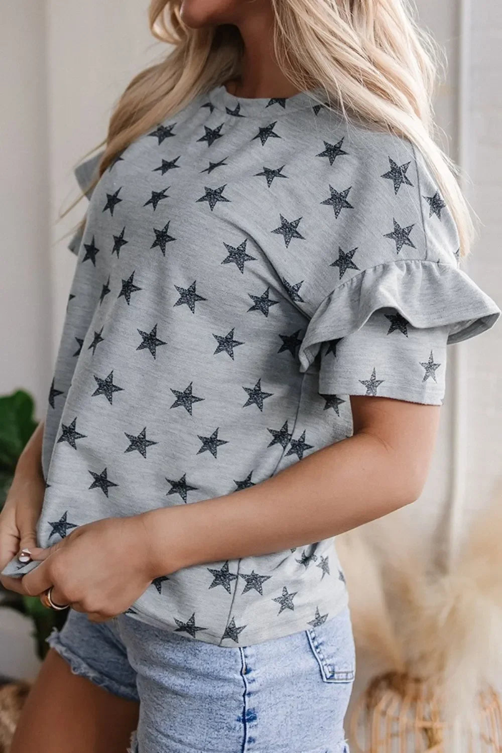 Star Print Tiered Ruffled Sleeve Crew Neck T Shirt - Southern Shores Clothing