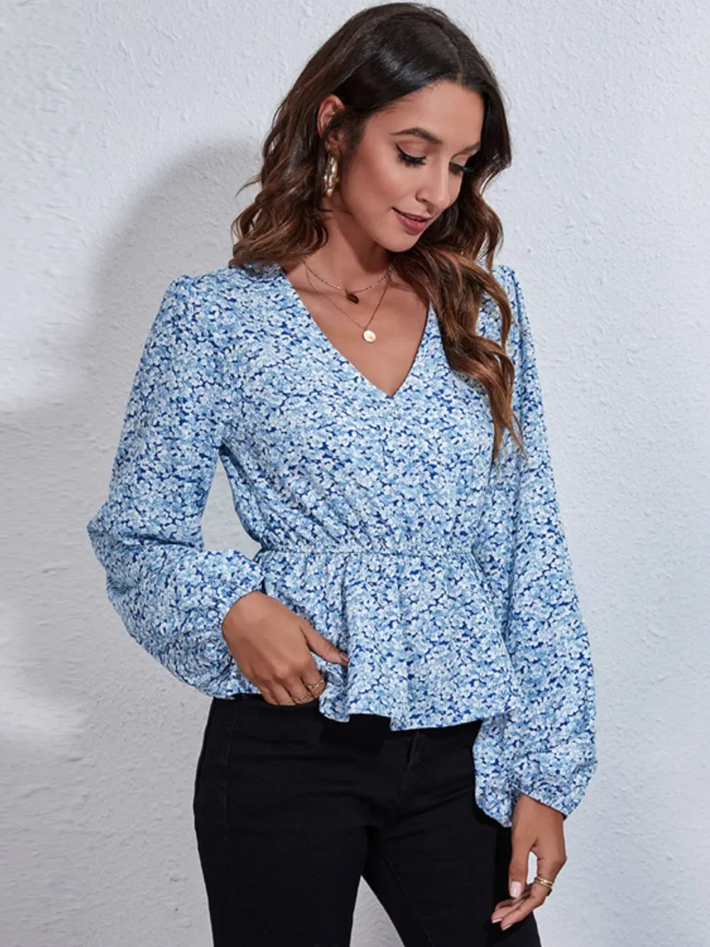 Floral V-Neck Balloon Sleeve Peplum Blouse Polyester - Southern Shores Clothing