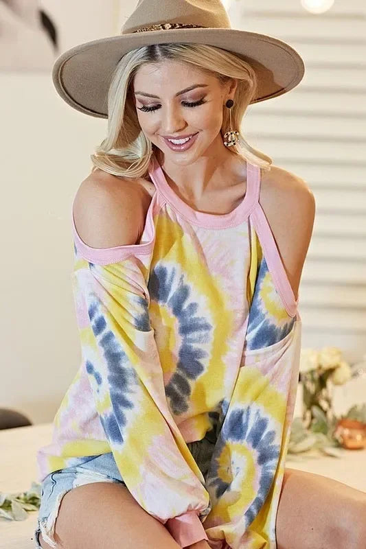 Tie Dye Terry Top With Cold Shoulder Detail - Southern Shores Clothing